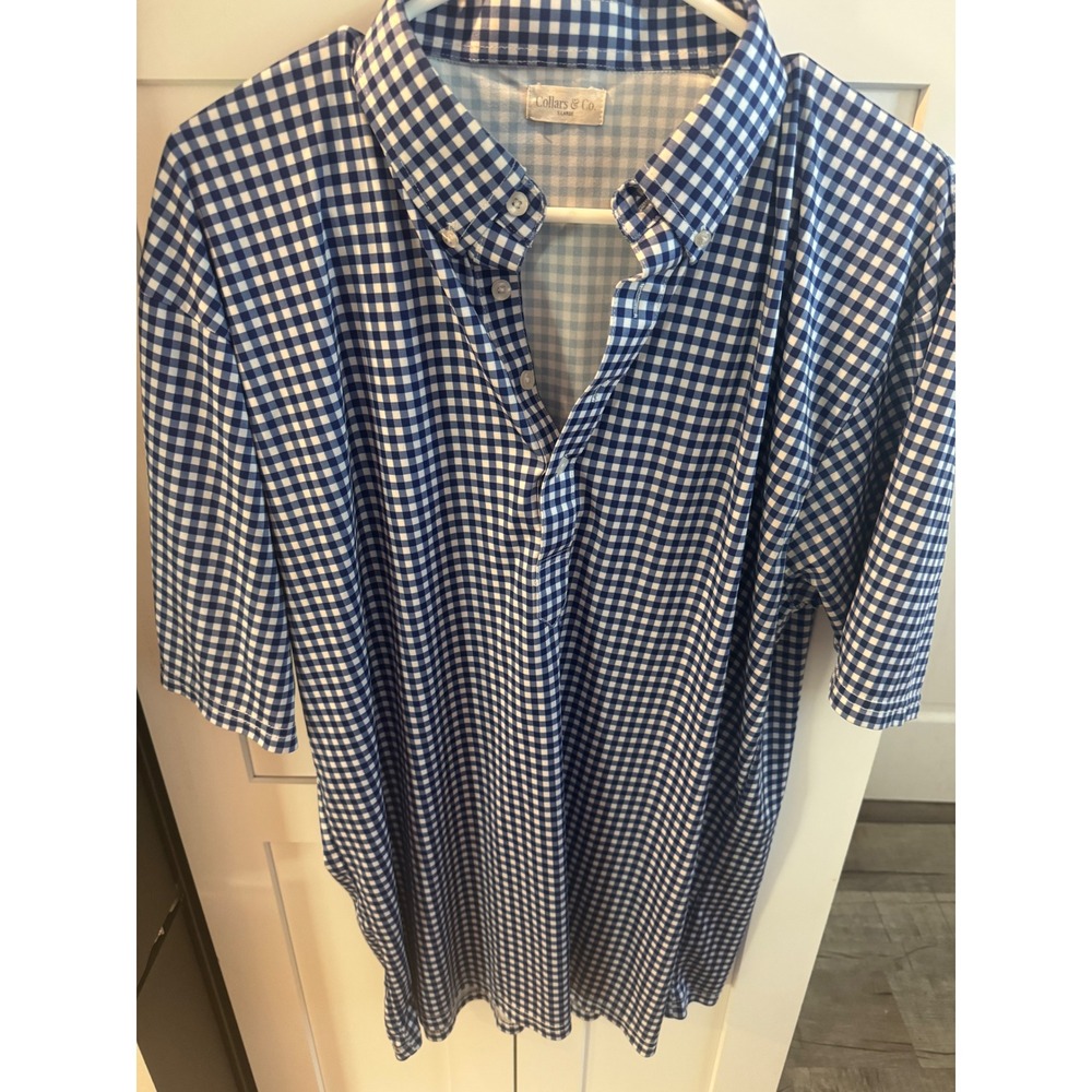 Collars & Co Mens‎ XL Gingham Polo Blue White Short Sleeve Button Down Collar